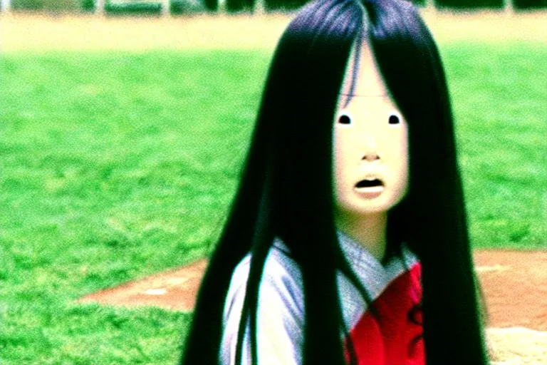 Image similar to a still photo of sadako from the ring movie playing baseball colored