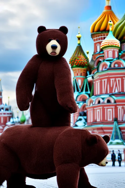 Image similar to a picture of putin ride robotic bear in moscow. - photorealistic, face features, elegant, confident posse, reduce duplicate image, pullitzer winning, taken with canon eos 5 d mark iv, versatile, lens interoperability, autofocus, 4 k uhd video capture at 3 0 fps, 8 k time - lapse functions, by karah mew, jodie bateman