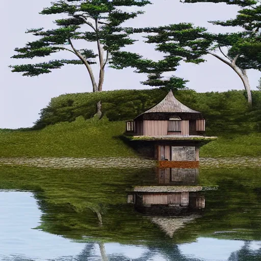 Prompt: a small cottage in the middle of a vast lake surrounded by trees by kentaro miura