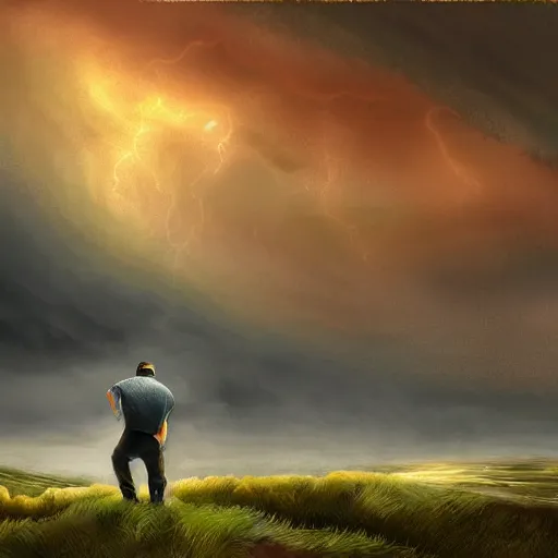 Image similar to a regretful man on a hill and storm is coming, digital painting, futured, ultra detailed