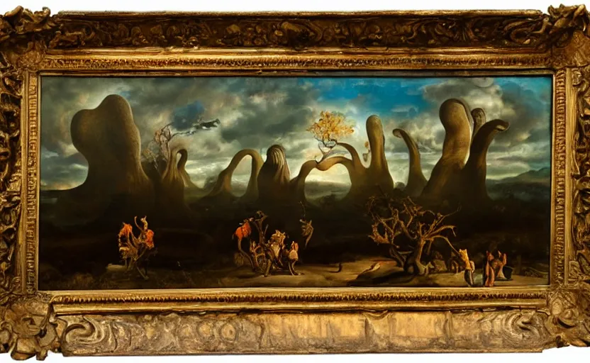 Image similar to strange disturbing surrealistic landscape with very small strange figures in the distance with large looming biomorphic figures looming inthe foreground, cast shadows, chiaroscuro, painted by dali and rachel ruysch, timeless disturbing masterpiece