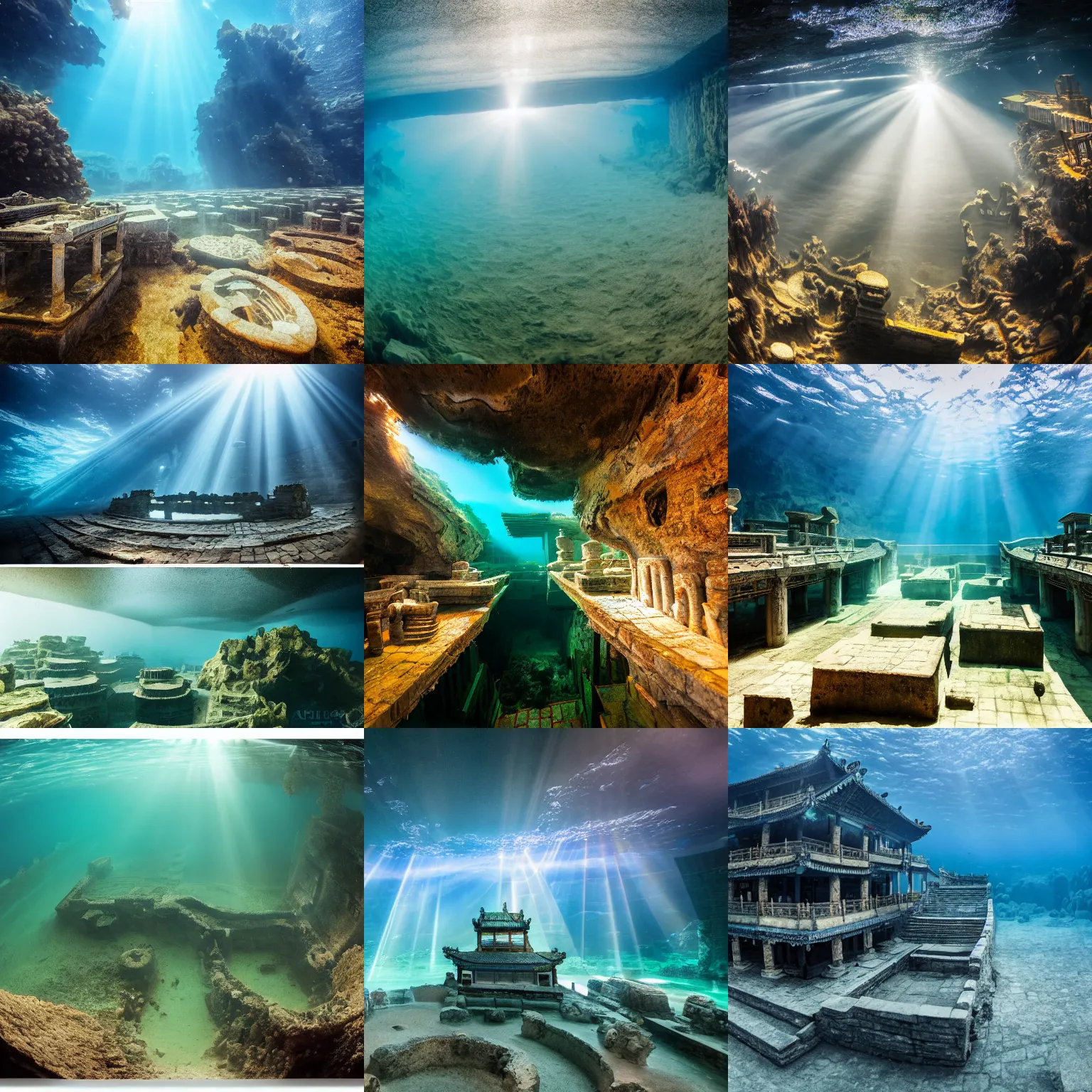 Prompt: A photo of an ancient underwater Chinese city at the bottom of the lake, rays of light illuminating from the top, highly detailed, smooth, sharp focus, 8K, realistic photo, f16, 14mm, HDR aperture, UHD studio quality