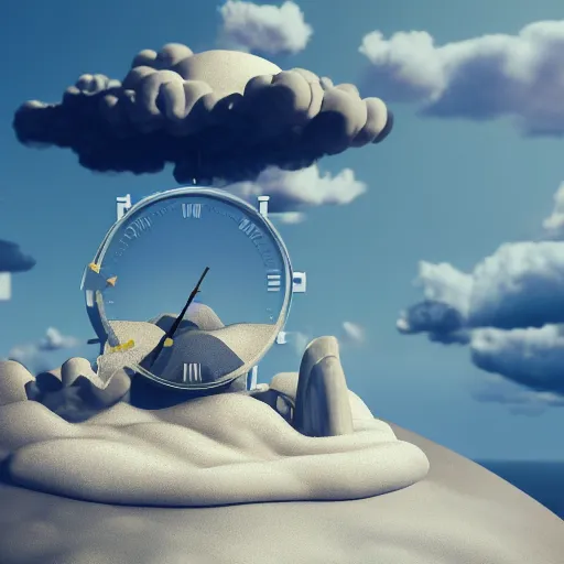 Image similar to a clock floating on an floating island, there are clouds around, it is on earth, on the background there are other floating islands too, cartoony, 4 k resolution, award winning