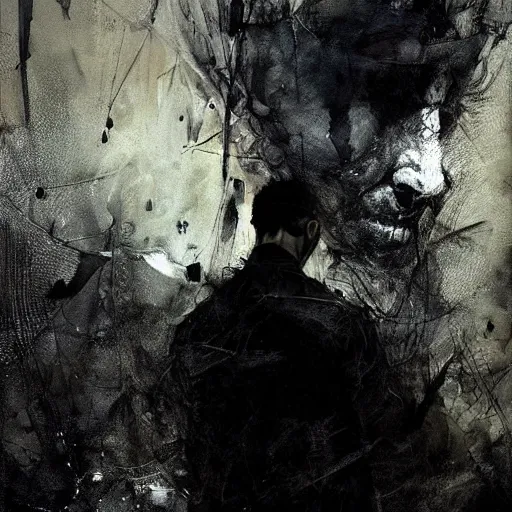 Image similar to man stealing dreams from another man by emil melmoth zdzislaw belsinki craig mullins yoji shinkawa realistic render ominous detailed photo atmospheric by jeremy mann francis bacon and agnes cecile ink drips paint smears digital glitches glitchart