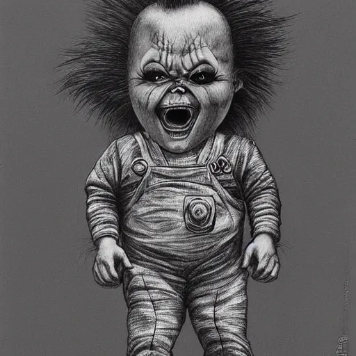 Prompt: drawing of chucky by - Zdzisław Beksiński , loony toons style, horror themed, detailed, elegant, intricate