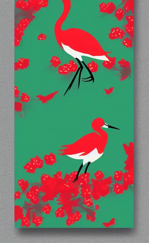 Prompt: poker card style, simple, modern look, solid colors, colorful, japanese crane bird in center, pines symbols, front game card, vivid contrasts, for junior, smart design