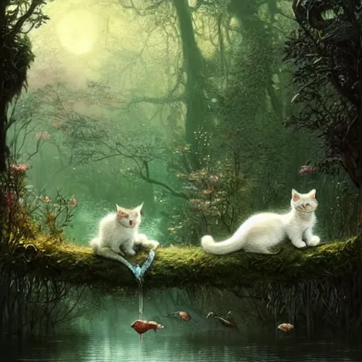 Prompt: two kittens in the enchanted forest watching the fish in the stream, fantasy, intricate, extremely detailed, matte, artstation, art by greg rutkowski, louis wain, alan lee, terry gilecki