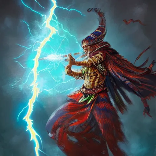 Image similar to shaman casting a lightning spell, d & d style, trending on artstation, colorful, intricate, art by kev chan