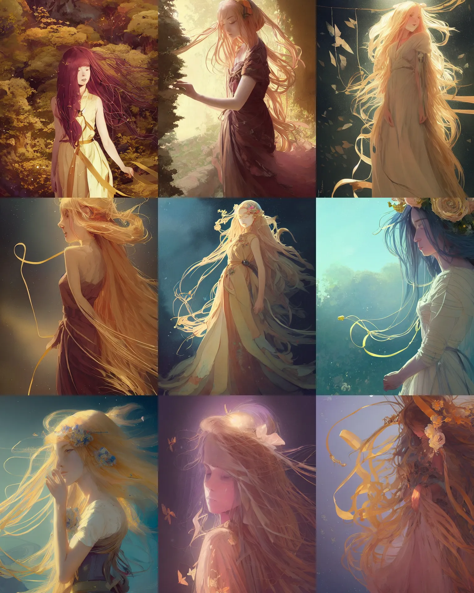 Prompt: museum curator of abstract work with long golden hair and a beautiful dress with ribbons, medium shot close up, details, sharp focus, illustration, by Jordan Grimmer and greg rutkowski and PiNe(パイネ) and 薯子Imoko and 香川悠作 and wlop and maya takamura, intricate, beautiful, Trending artstation, pixiv, digital Art