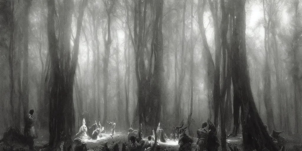 Prompt: occultist satanic cult of several people summoning a powerful demon in the woods, ominous atmosphere, art by artem demura, william bouguereau