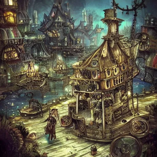 Image similar to Steampunk City places i wish were real pirate fashion nekclace clothing gothic fantasy artwork concept art landscape pretty plac village. Extremely Detailed.