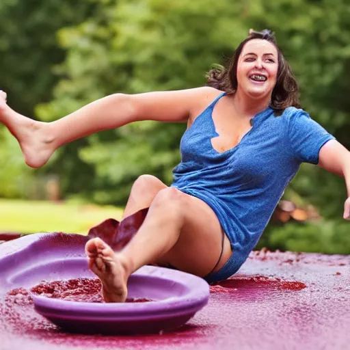 Image similar to adult sliding down chocolate pudding slip n slide legs first, professional photo taken at the park