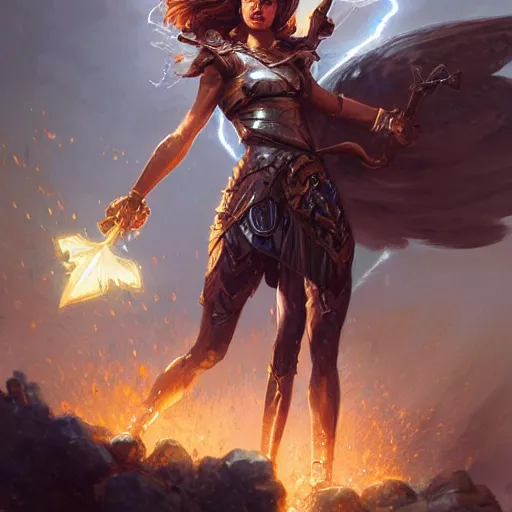 Image similar to a furious valkyrie girl in the style of sci - fi defends herself from bullets by bartering energy, she sparks with lightning in a rage clutching her huge spear, intricate, elegant, highly detailed, digital painting, artstation, concept art, matte, sharp focus, illustration, hearthstone, art by artgerm and greg rutkowski and alphonse mucha
