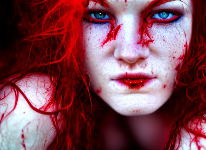 Image similar to award winning 5 5 mm close up face portrait photo of an anesthetic and beautiful redhead woman with blood - red wavy hair, intricate eyes that look like stars, and fangs, in a park by luis royo