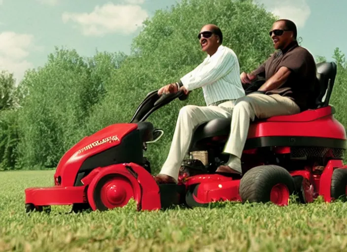 Image similar to film still of Stevie Wonder riding a lawn mower in the new Field of Dreams movie, 4k