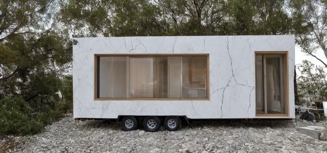 Image similar to greek tiny house on trailer made of marble designed by iktinos and callicrates.