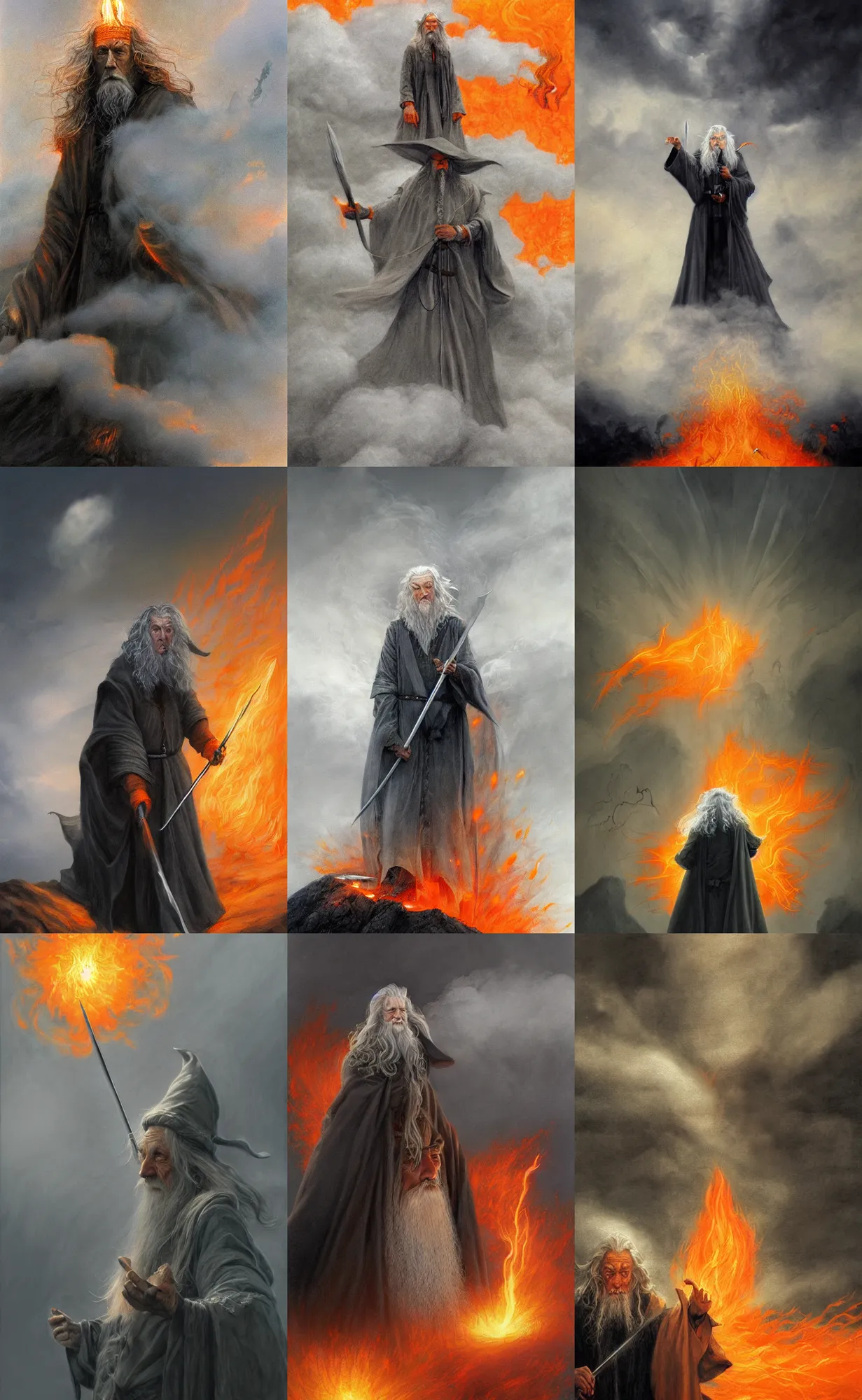 Prompt: gandalf the wizard surrounded by billowing pitch black clouds of smoke and blinding orange flame, by alan lee, intricate, detailed, digital painting, artstation