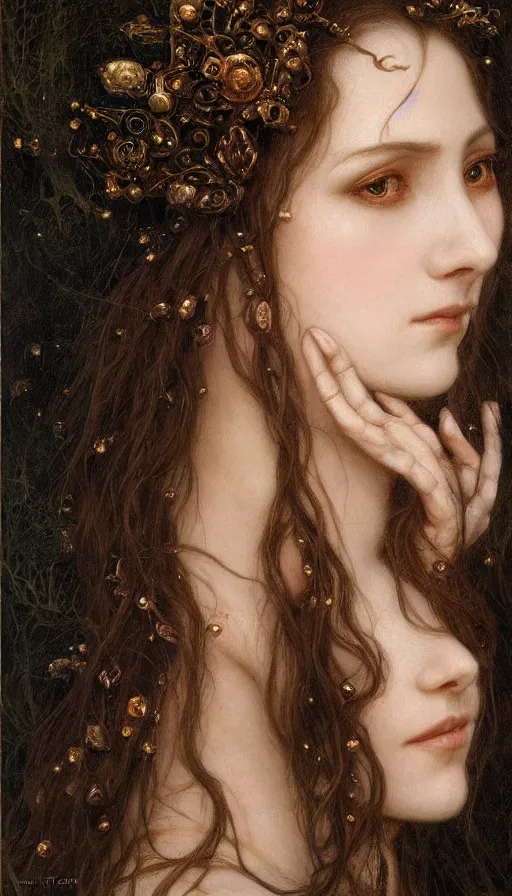 Image similar to Masterpiece painting of beautiful vampire princess close-up portrait by Donato Giancola and Tom Bagshaw, face by Artgerm and Edmund Leighton, golden ratio, trending on cgsociety, intricate, majestic, dark epic fantasy, trending on artstation, by H.R. Giger, background by James Jean and Gustav Klimt, 8k, volumetric Lighting, Hokusai, trending on pixiv