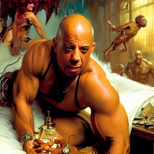 Image similar to vin diesel is in his bed, nervous and terrified, because little richard from hell is attacking him. highly detailed painting by gaston bussiere, j. c. leyendecker, greg rutkowski, craig mullins 8 k