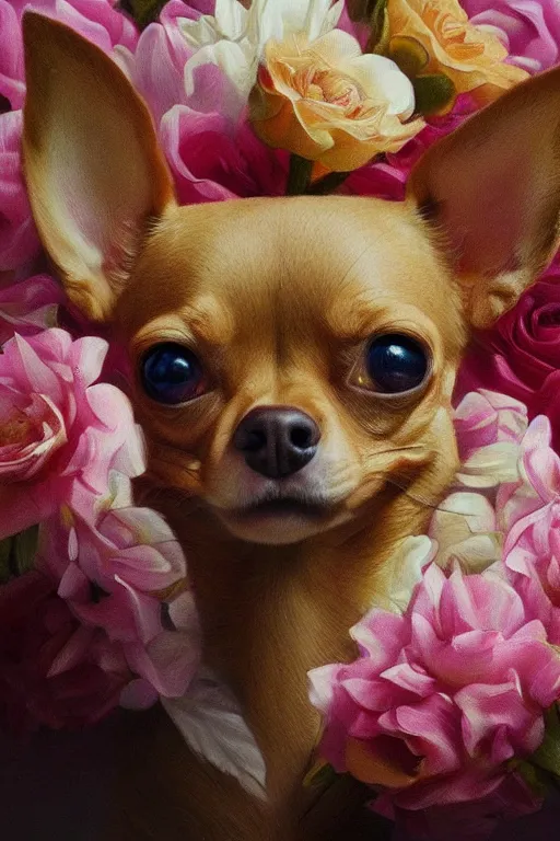 Prompt: ultra realistic illustration, portrait of a tan chihuahua bouquet, close up shot, fantasy, intricate, elegant, highly detailed, digital painting, artstation, concept art, smooth, sharp focus, illustration, surrealism