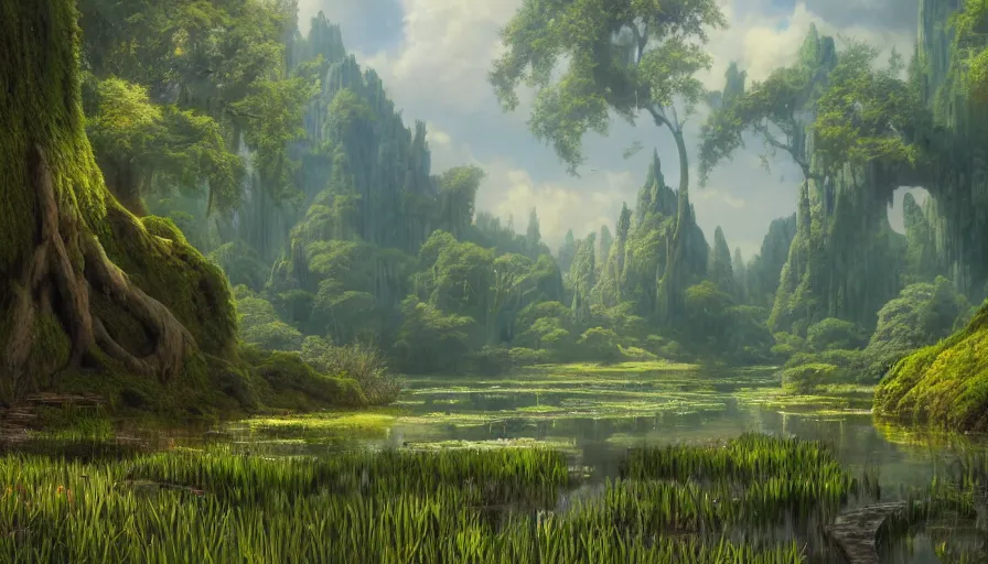 Prompt: A highly detailed matte painting of Shrek's huge swamp, by Studio Ghibli, Makoto Shinkai, by Artgerm, by WLOP, by Greg Rutkowski, volumetric lighting, octane render, 4K resolution, trending on artstation, masterpiece