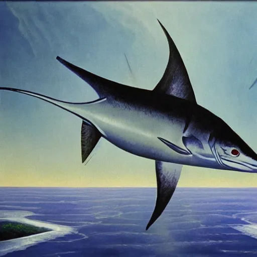 Image similar to swordfish will be our new overlords when the levees break, a dystopian jean dupas painting