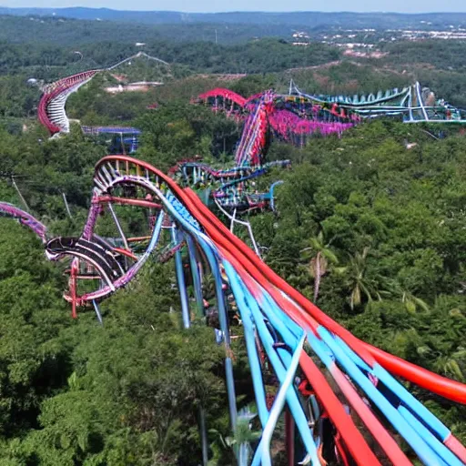 Prompt: at the peak of a rollercoaster track looking down at the drop, exhilarating, hands up in the air, beautiful horizon, theme park, Six Flags, sunny day