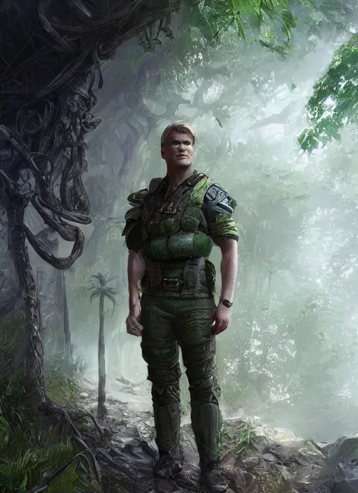 Prompt: portrait of a young richard dean anderson wearing a green combat uniform, in a post apocalyptic city overgrown by plants, by wlop, book cover illustration, concept art, volumetric lighting, volumetric atmosphere, sharp focus, octane render, trending on artstation, 8 k