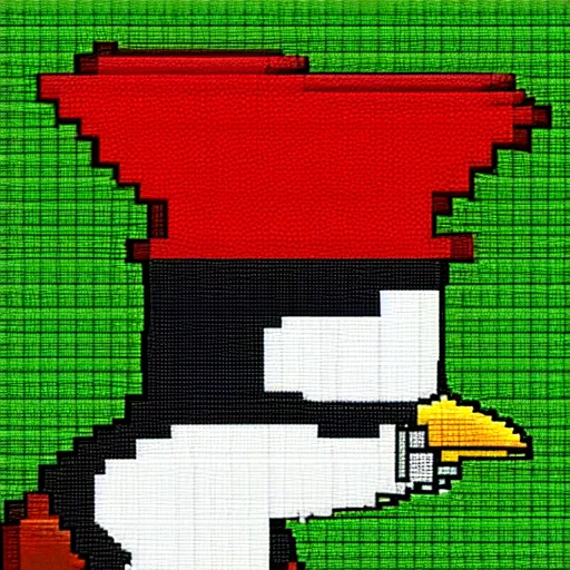 Image similar to a bird with a hat in pixelart