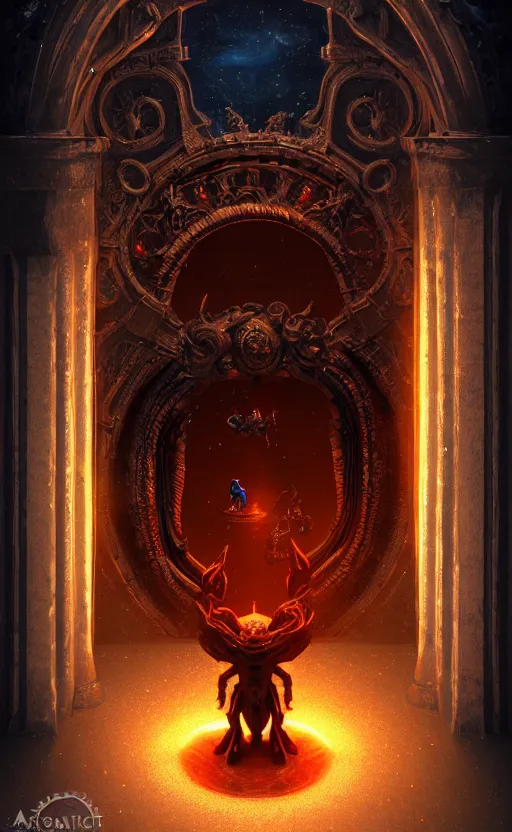 Prompt: a ornamental gate into space a demon emerges from it, ornament, intarsia, portal, doorway, dynamic lighting, ambient lighting, atmospherical, photorealistic fantasy concept art, trending on art station, stunning visuals, creative, cinematic, ultra detailed