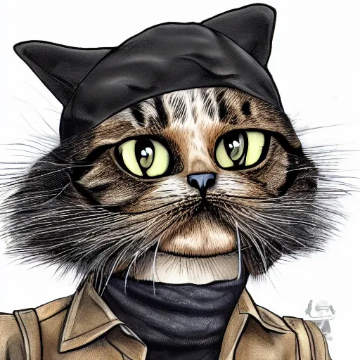 Image similar to a cat dressed as a terrorist, illustration, funny, caricature, hd, 8 k, hyper detailed,