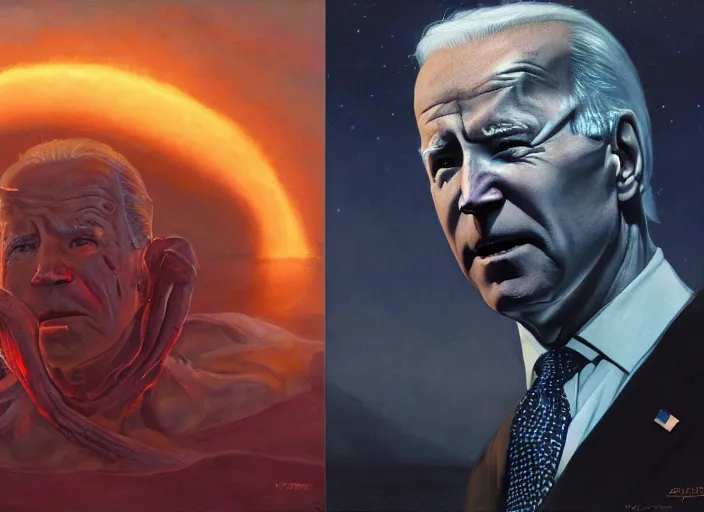 Image similar to joe biden, glowing veins subsurface scattering, deep sea, sunset, portrait by gerald brom, by mikhail vrubel, by peter elson, muted colors, extreme detail, trending on artstation, 8 k