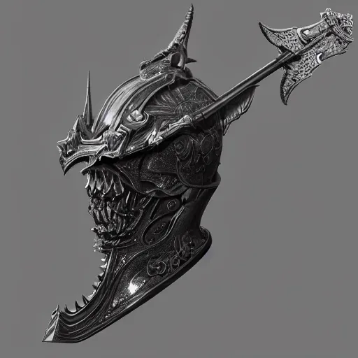 Prompt: a black long sword skull crest, orthographic, ornament, weapon, a 3 d render by dom qwek, studio lighting, front side view full sheet, trending on polycount, artstation, hard surface modeling, rendered in maya, 3 ds max, blender, artstation hd, vray