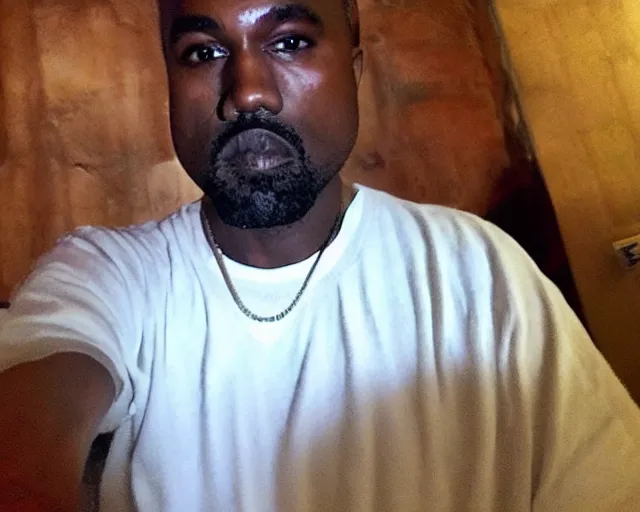 Image similar to my dad that looks like a poor version of Kanye West accidentally taking a selfie with the front camera lol, squinting because the camera flash is so bright in his face, viral, selfie, viral on twitter, viral on instagram, viral photo