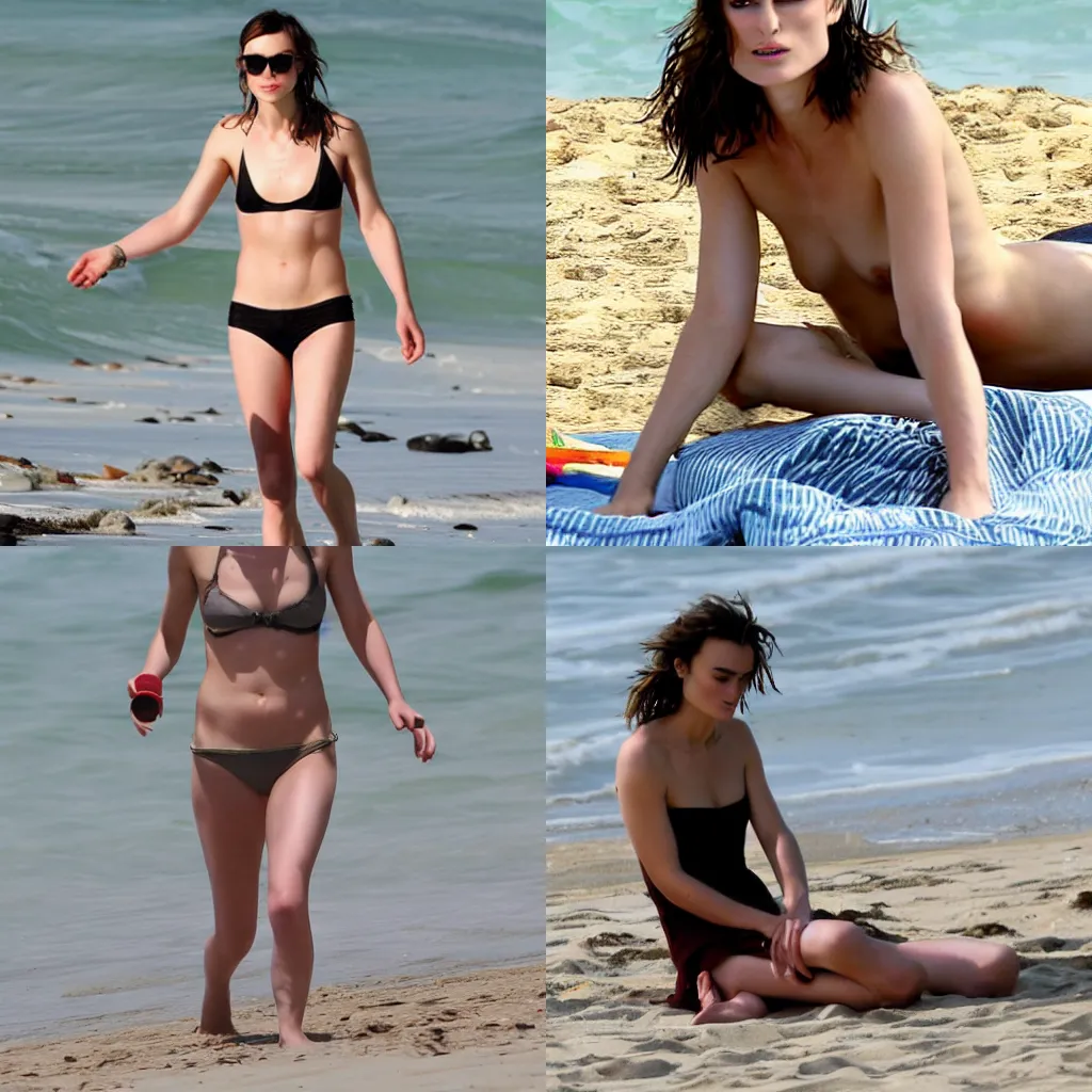 Prompt: Keira Knightley on a sunny beach