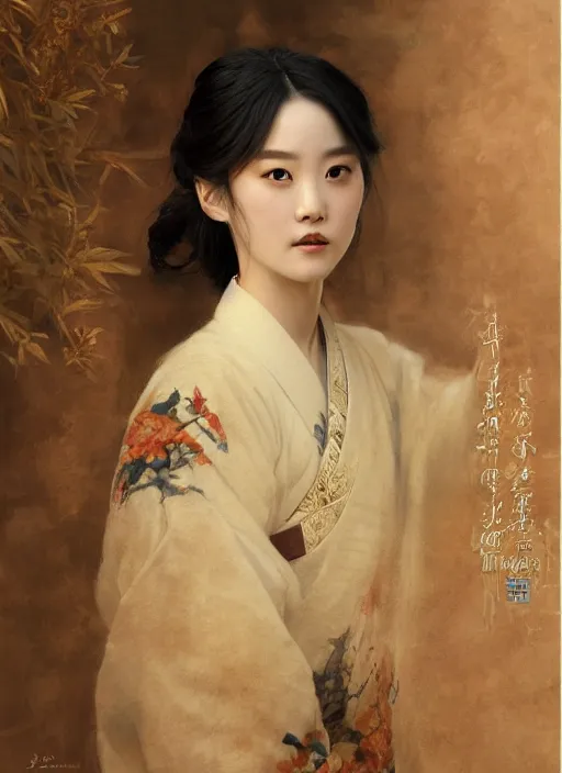 Image similar to detailed portrait of ju jingyi wearing hanfu, natural light, painting by gaston bussiere, craig mullins, j. c. leyendecker