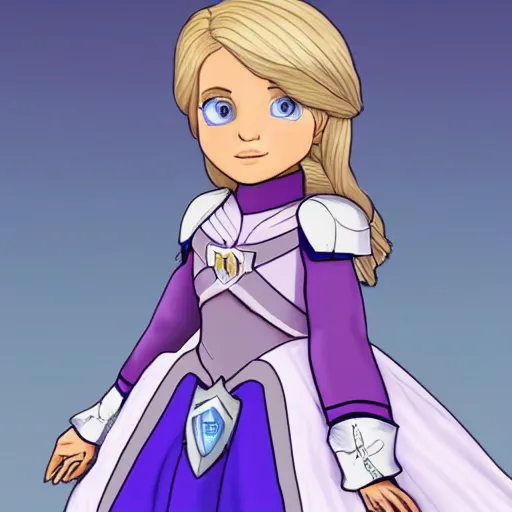 Image similar to Alicia is an honorable Princess Knights. She has straight blonde hair, purple eyes and platinum armor. Alicia has a tiny blue skirt that's mere decoration, and some brown leggings.