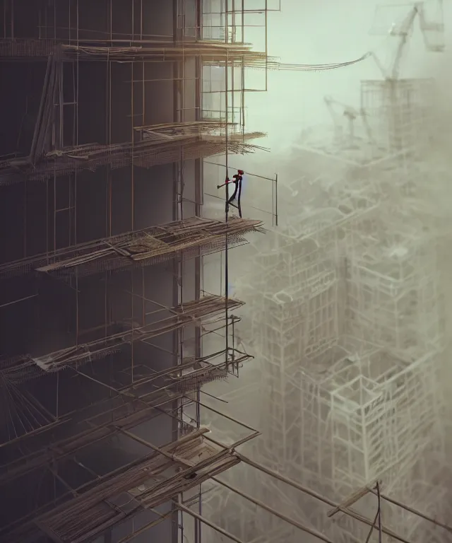 Image similar to view from a window of a construction worker on a steel beam by charlie bowater and anna dittmann and artgerm and clemens ascher, intricate, elegant, beige mist, highly detailed, dramatic lighting, sharp focus, octane render, trending on artstation, artstationhd, artstationhq, unreal engine, 4 k, 8 k