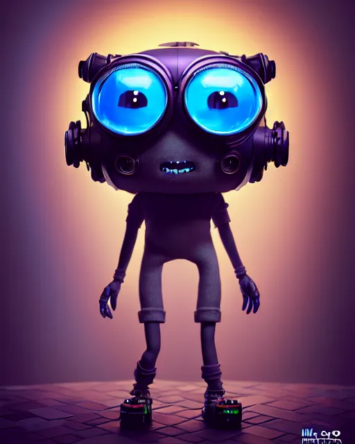 Prompt: a tiny cute cyberpunk monster with goggles cables cords buttons big eyes smiling waving, back view, isometric 3 d, ultra hd, character design by mark ryden pixar hayao miyazaki, unreal 5, daz, hyperrealistic, octane render, cosplay, rpg portrait, dynamic lighting, intricate detail, direct sun light, cinematic, symmetrically isometrically centered