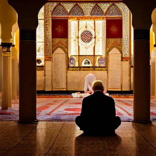 Image similar to Trump praying in mosque, award winning cinematic photography, 50 mm, blurred background, perfect faces