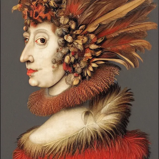 Prompt: a beautiful profile portrait of a beautiful contemporary female, various feathers, by giuseppe arcimboldo, photo realistic, realistic materials.