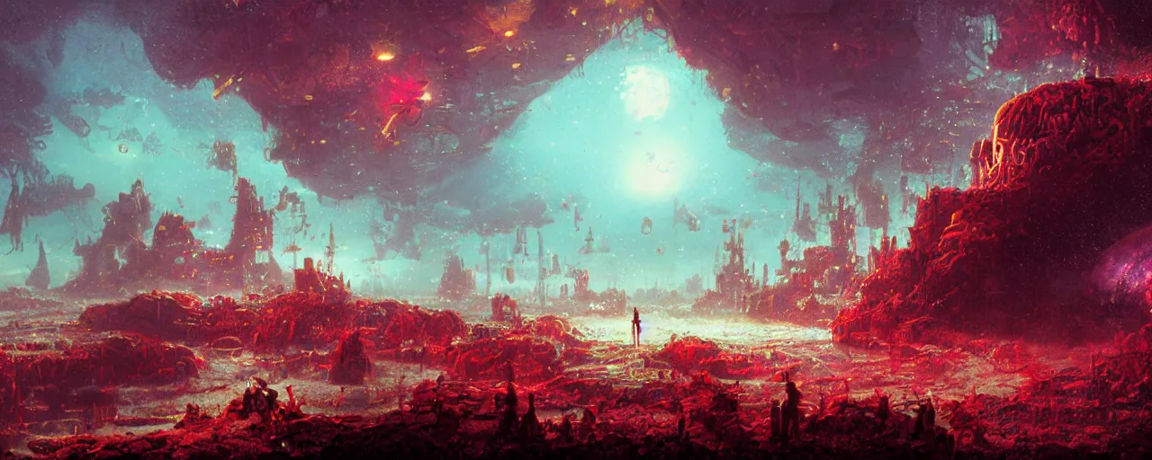 Image similar to ” ocean made of blood and rats, [ bubbles, by paul lehr, cinematic, detailed, epic, widescreen, opening, establishing, mattepainting, photorealistic, realistic textures, octane render ] ”