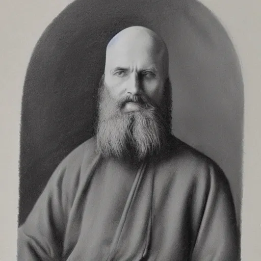 Prompt: charcoal portrait of an early 20th century russian orthodox priest, bald