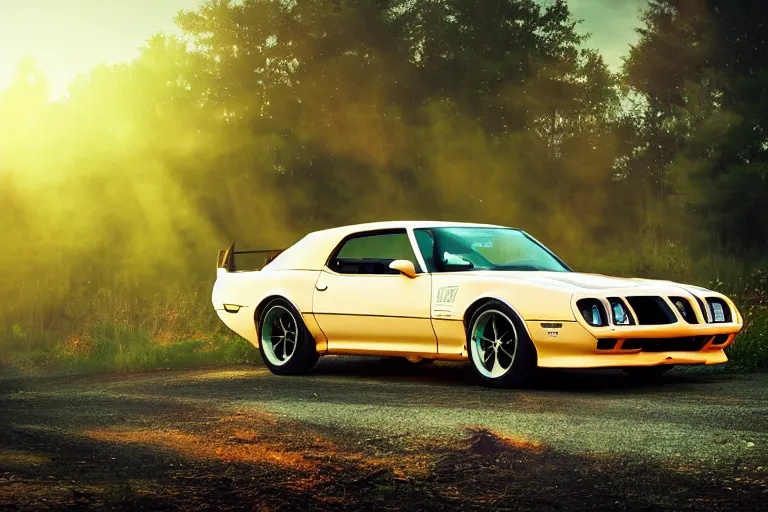 Prompt: pontiac firebird with grafitti tag on side, sunrise, dramatic, cinematic, forest, sunbeams, volumetric lighting, wide shot, low angle, realistic pokemon creatures looking at car, pokemon