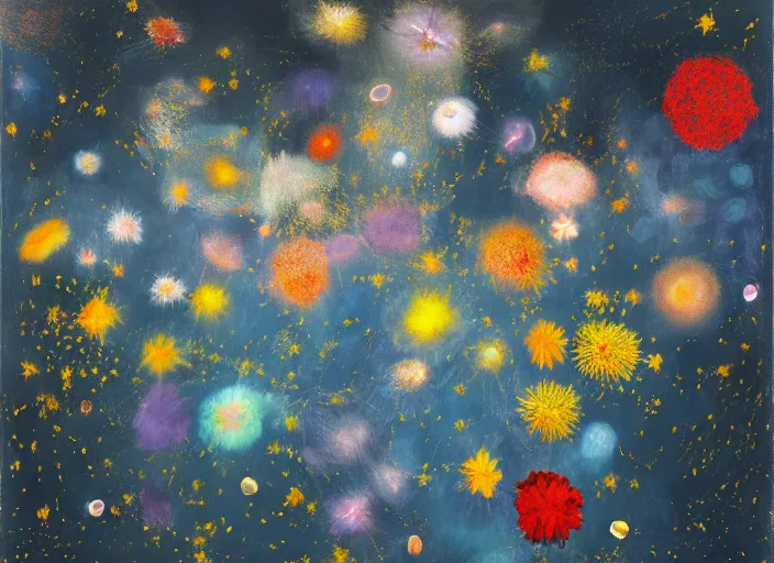 Image similar to night sky full of flowers, vincent lefevre and pat steir and hilma af klint, psychological, photorealistic, dripping paint, washy brush, rendered in octane, altermodern, masterpiece