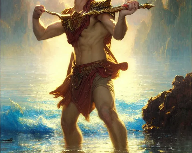 Image similar to attractive male wizard casting powerful tsunami wave spell in a beautiful lake. highly detailed painting by gaston bussiere, craig mullins, j. c. leyendecker 8 k