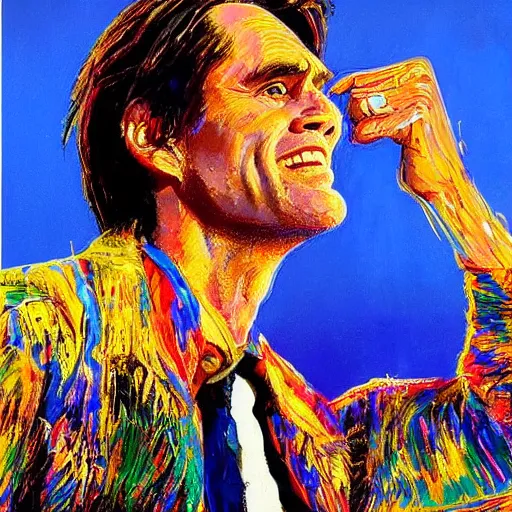 Image similar to jim carrey by leroy neiman, intricate, ultra detailed painting, atmospheric lighting, golden hour
