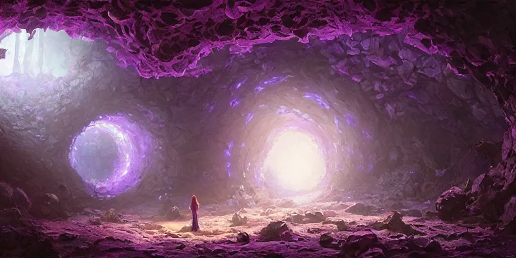 Image similar to beautiful hyper realistic zergling tunnel in cave of purple crystals, beautiful painting by greg rutkowski, atmosphere, ethereal, magic, amazing, positive vibes