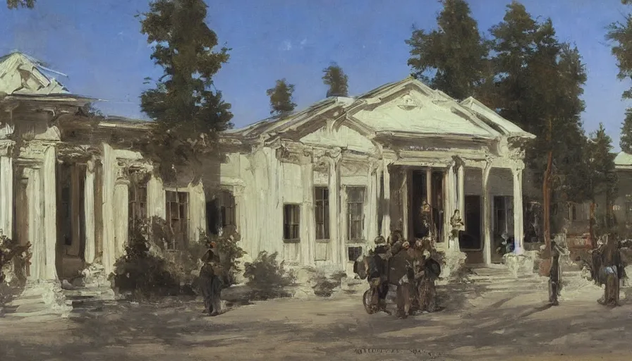 Image similar to artwork painting of the storefront building by eugene von guerard, ivan shishkin, john singer sargent