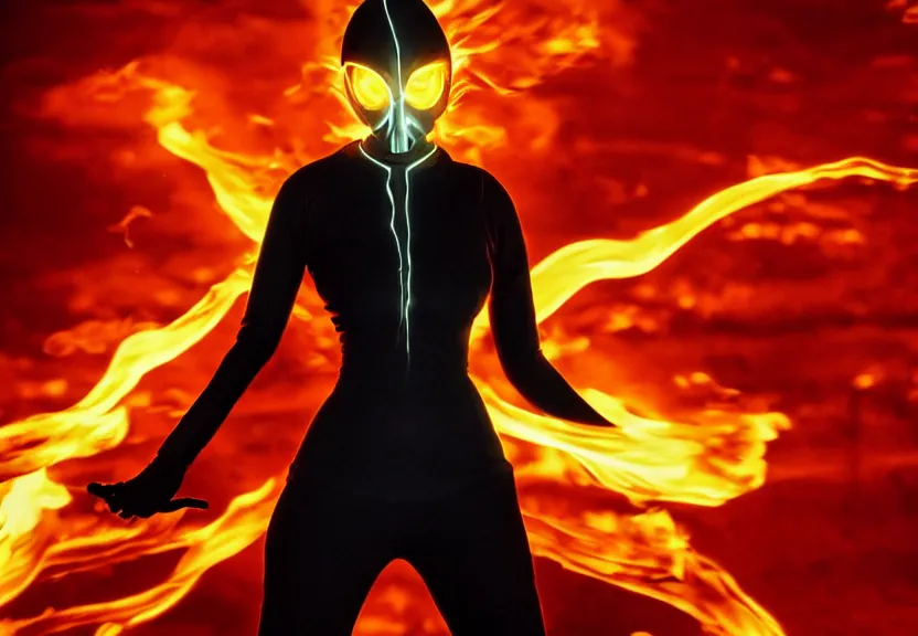 Image similar to low angle shot of a Woman made of black flames, wearing a strict business suit, with no face, with no mouth, with glowing red eyes, with a red halo over her head, with red halo, in an action pose, fiery waves around her, surrounded by war, authoritarian, tense, madness combat, strong dramatic cinematic lighting , blood red sky, harsh dark clouds, grey skin, smooth, sharp focus, extremely detailed, illustration, digital painting, artstation, sharp focus, by Godmachine and Annie Swynnerton and Nicholas Roerich